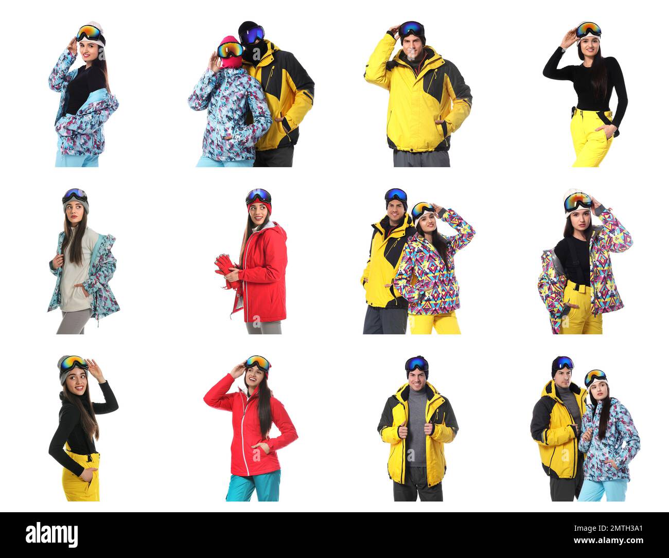 Collage of people wearing winter sports clothes on white background