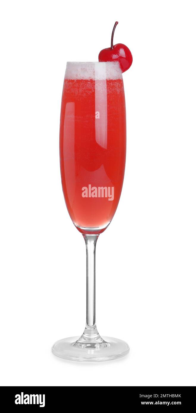 Fresh alcoholic Mimosa cocktail with cherry isolated on white Stock