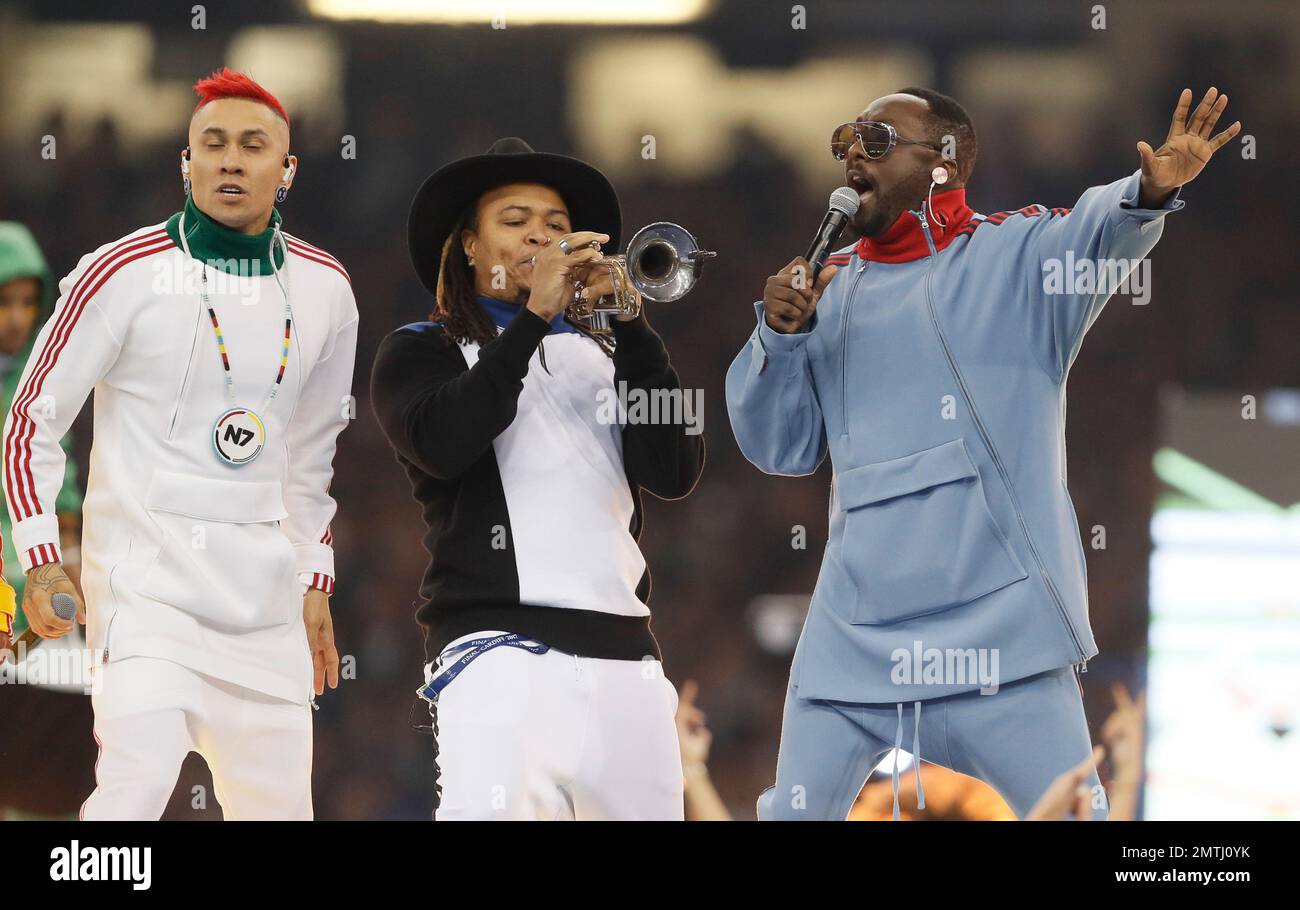 Black Eyed Peas perform during opening ceremony ahead the Champions League  final soccer match between Juventus and Real Madrid at the Millennium  Stadium in Cardiff, Wales, Saturday June 3, 2017. (AP Photo/Kirsty