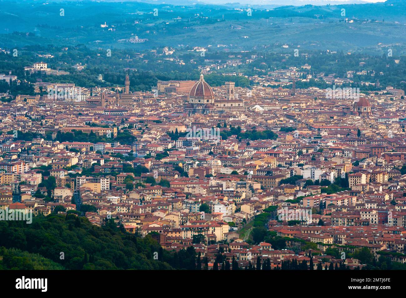 Florence city, aerial view of the historic cityscape of Florence sited in the hills of the countryside of Tuscany, Florence, Firenze, Italy, Europe. Stock Photo