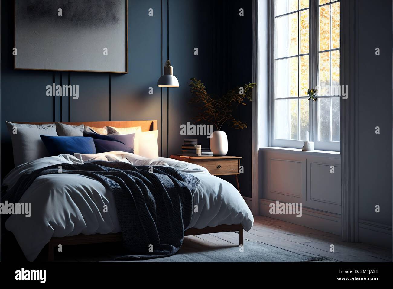 Illustration of modern bedroom with decoration on the wall,created with  Generative AI technology Stock Photo - Alamy