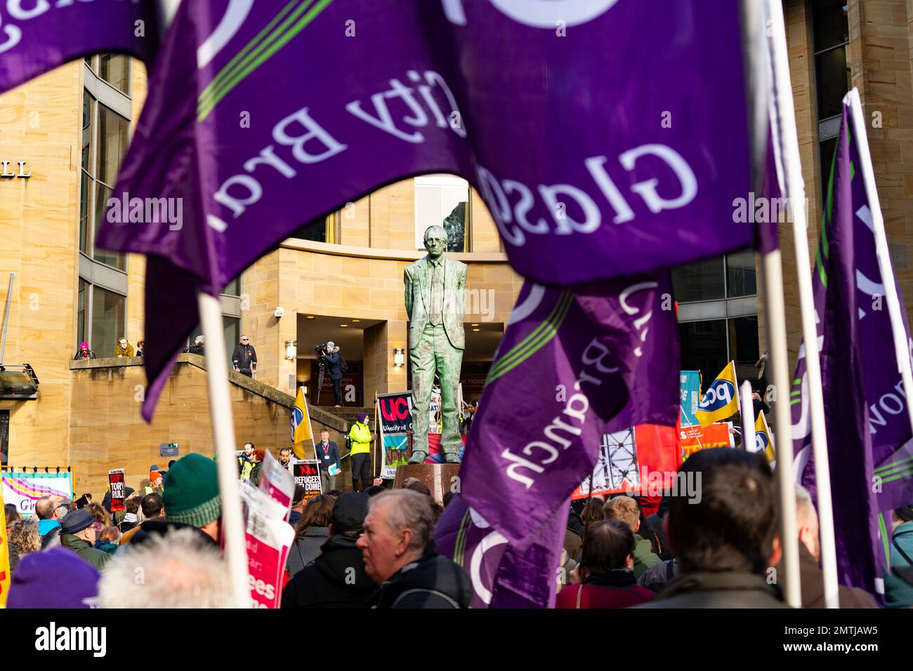 Glasgow, Scotland, UK. 1 February 2023.  Large crowd of union members at pro strike rally organised  by the STUC beside the statue of Donald Dewar on Buchanan Street in Glasgow today. Unions have organised a national day of strikes with up to 500,000 workers on strike in Scotland today. Iain Masterton/Alamy Live News Stock Photo