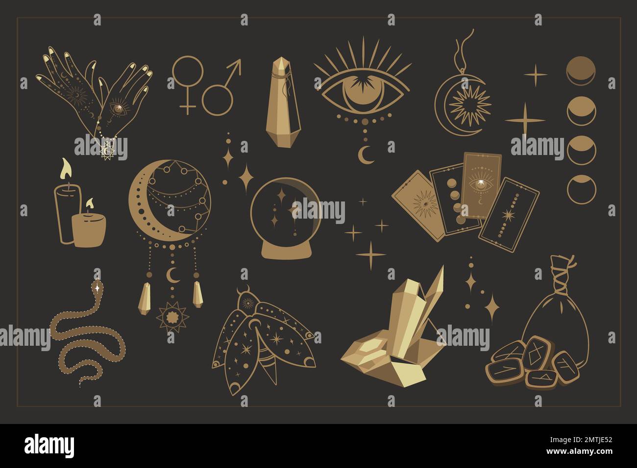 Magic symbols collection set.Esoteric,Mysterious boho mystical elements,magic witchcraft crystals,eye,moon,tarot cards,runes vector illustration icons Stock Photo
