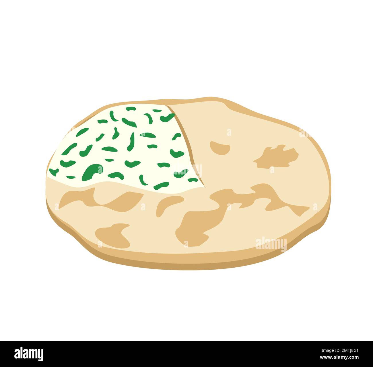 Traditional Osetian or Dagestani Caucasian pie flatbread. Baked bread filled with curd, cottage cheese and green.Flat Vector Illustration isolated on Stock Photo