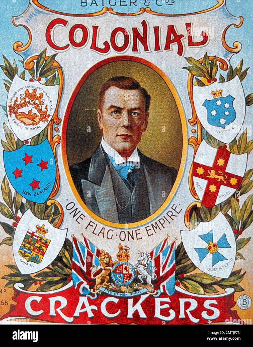 COLONIAL CRACKERS advert about 1905 with Joseph Chamberlain pictured Stock Photo