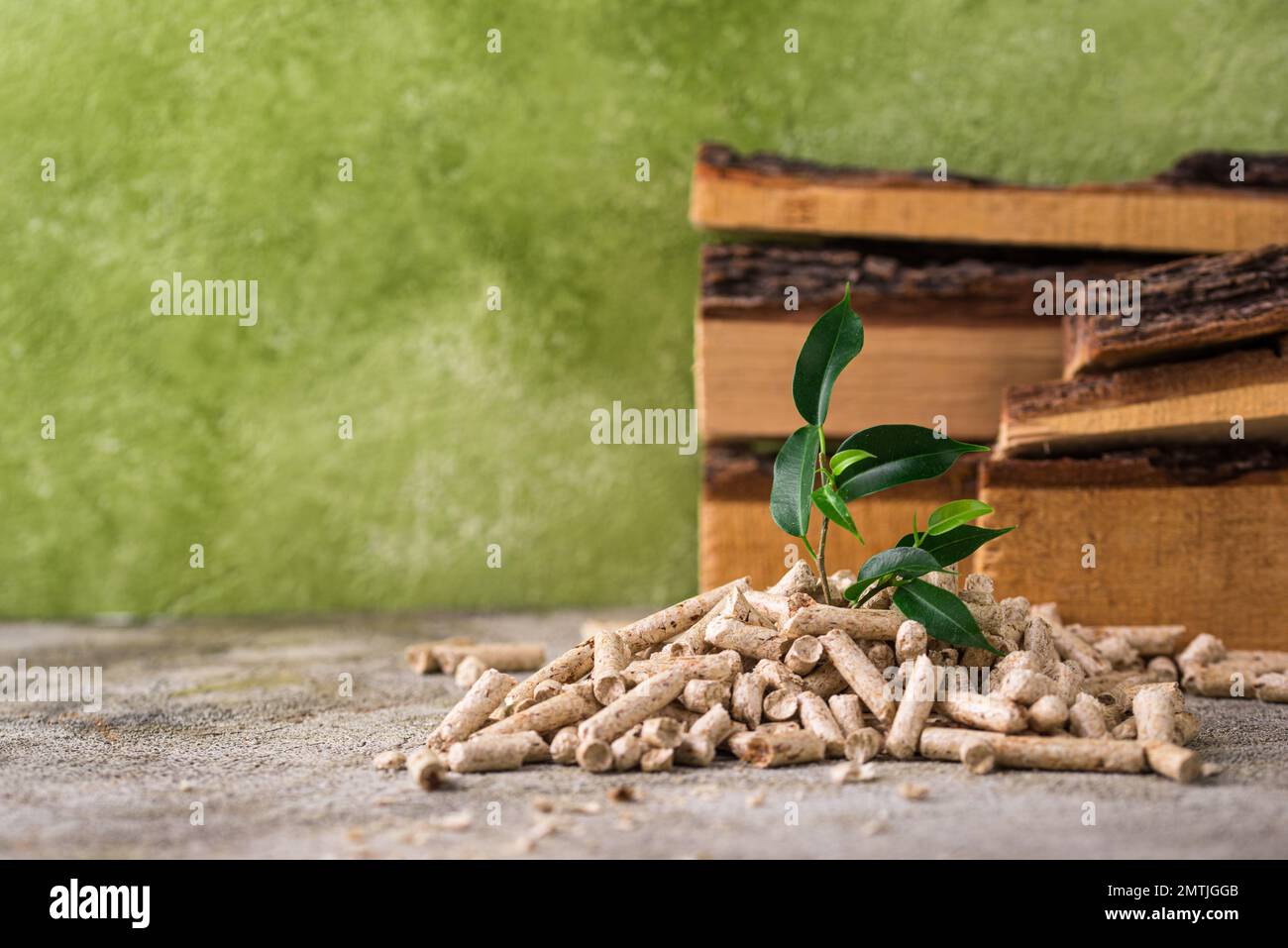 Eco2fume Pellets Eco fuel wooden pellets with firewood Stock Photo - Alamy