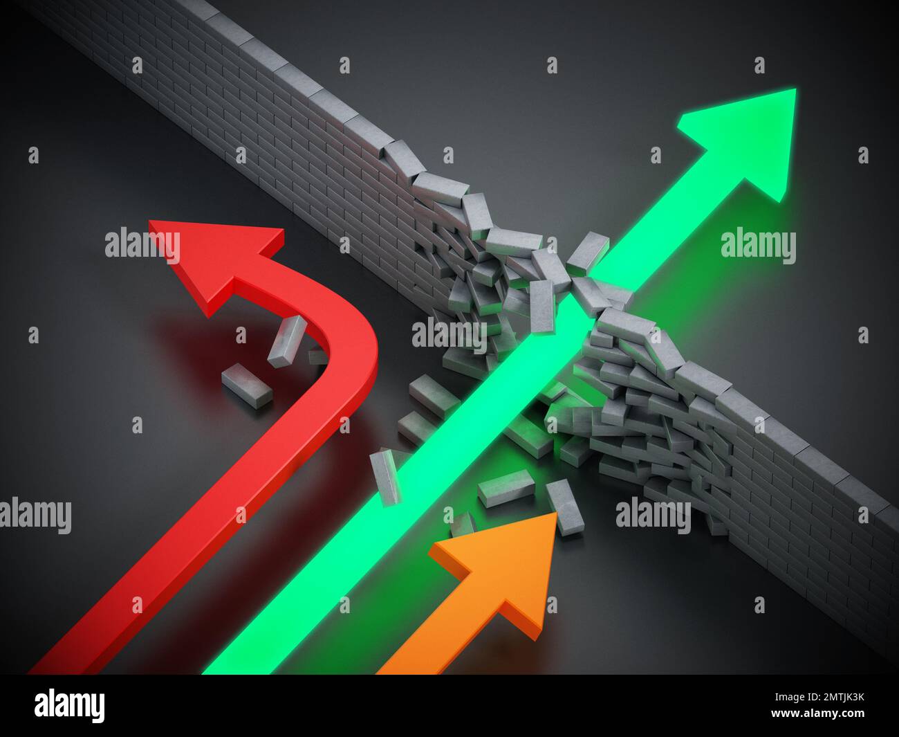 Green arrow breaking the wall and passing to the other side. 3D ...