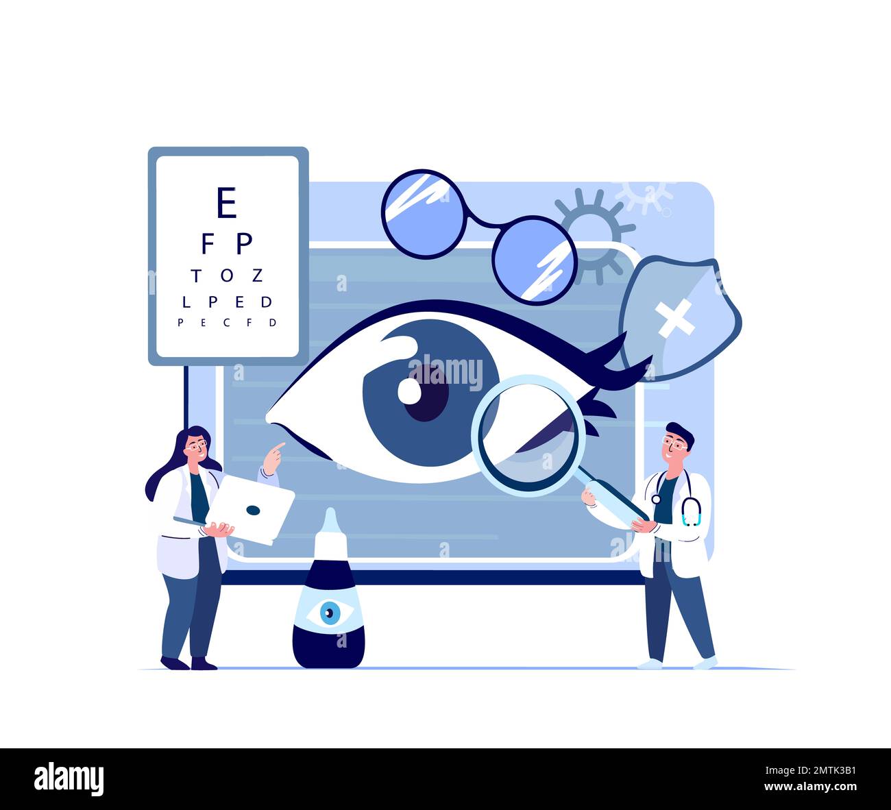 Doctors Ophthalmologist, Oculists Examine, Diagnose Eye Vision Acuity with Snellen Chart.Farsightedness,Color Blindness, Glaucoma Treatment.Research C Stock Photo