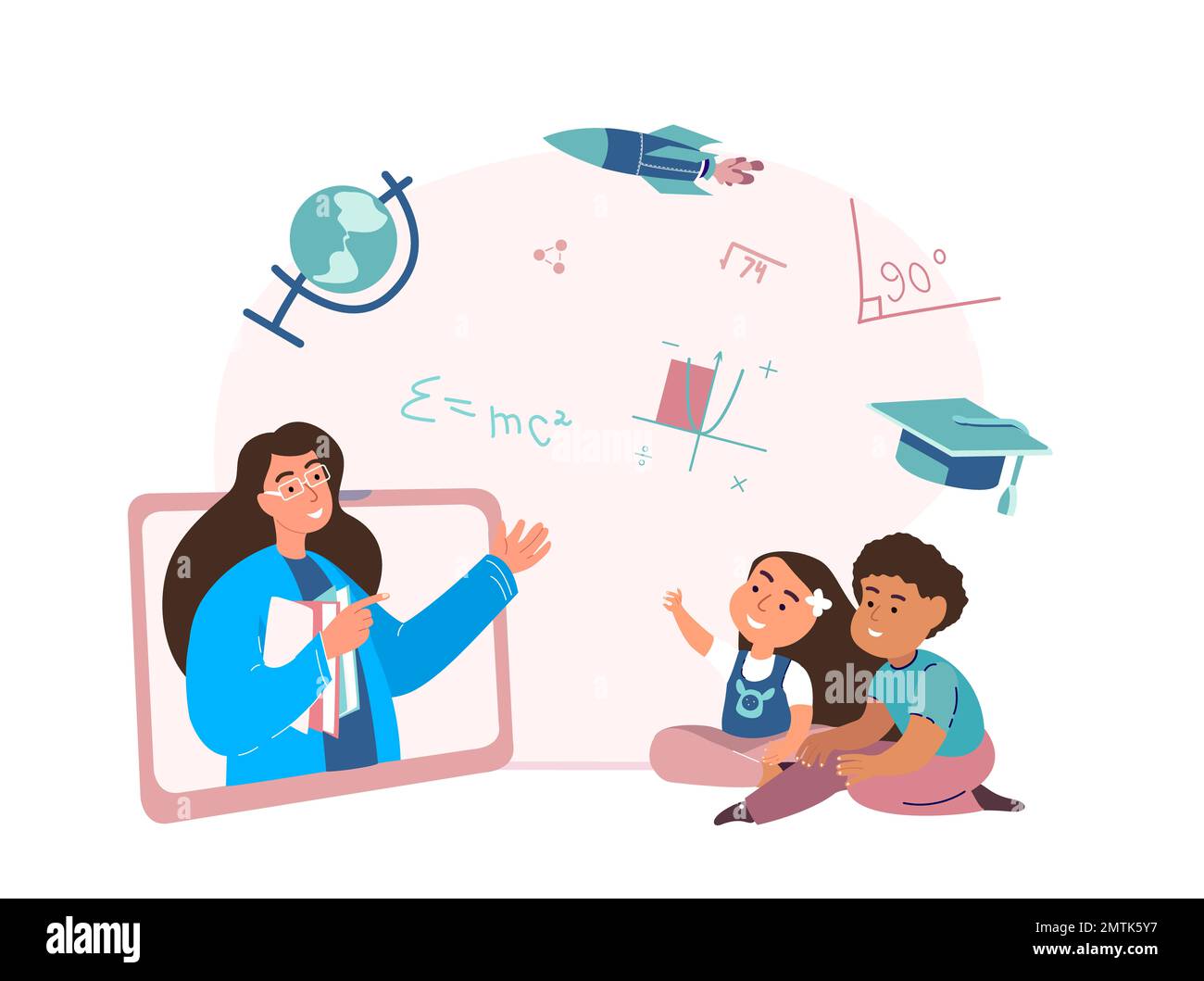 Young Woman teacher Tutor explaining to Girl Kid new math formulas in Laptop Online Video.Child learn,study on Distance Learning.Flat vector illustrat Stock Photo