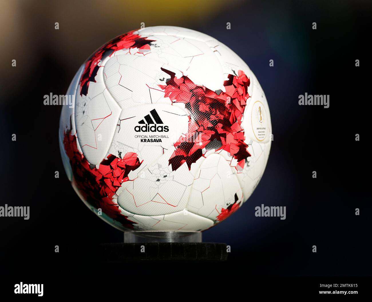 The new Adidas 'Krasava' soccer ball for the upcoming Confederations Cup in  Russia is displayed prior to the German soccer cup final match between  Borussia Dortmund and Eintracht Frankfurt in Berlin, Germany,