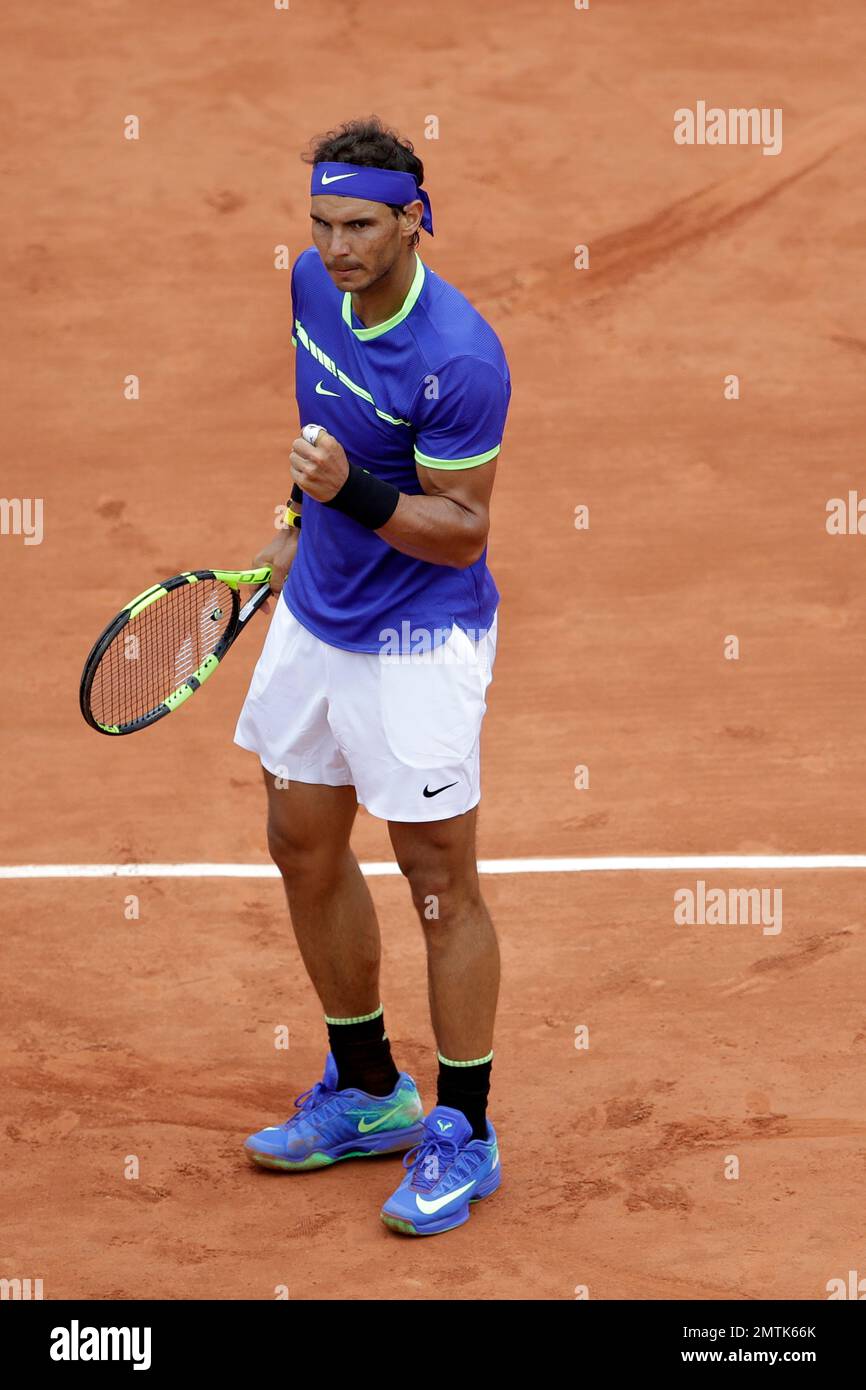 Spain's Rafael Nadal clenches his fist as he plays France's Benoit Paire  during their first round match of the French Open tennis tournament at the  Roland Garros stadium, Monday, May 29, 2017