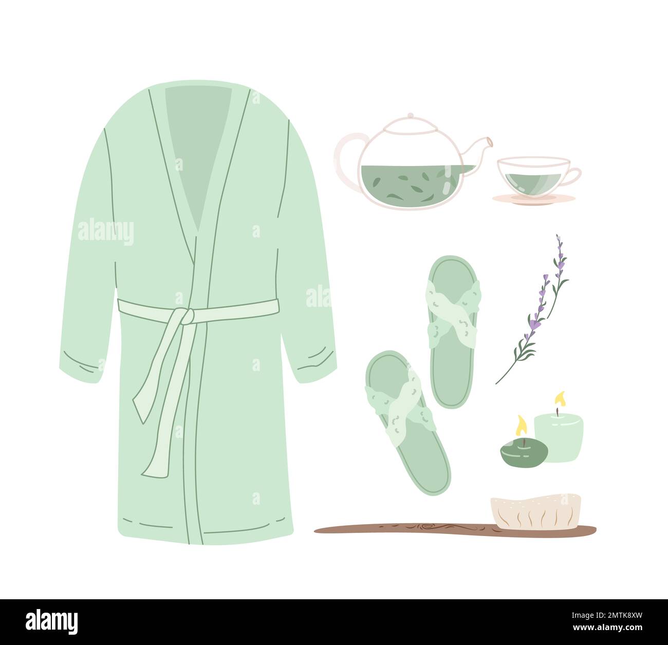 Bathroom Hygiene Toiletries Set. Plush Bathrobe,Soft Slippers, Teapot, Candles, and Body Brush for Spa and Scrub Washing, Wellness salon. Colored flat Stock Photo