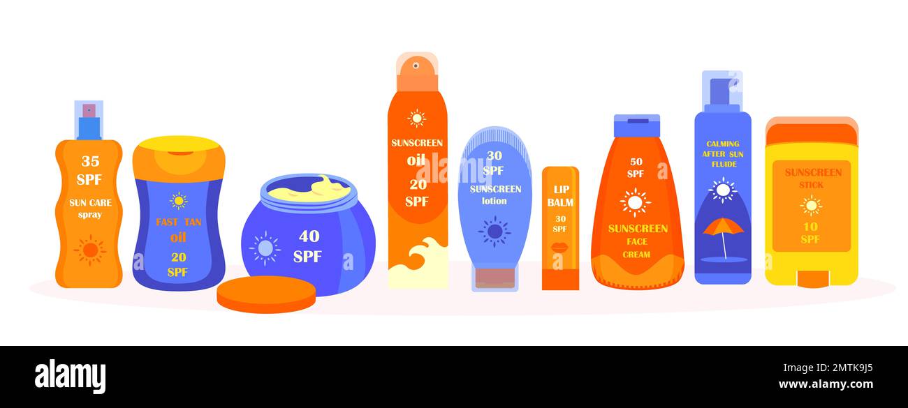 Tubes and Bottles of Sunscreen Products Sunblocks with different SPF levels Protection.Set of anti-UV Cream,Lotion, Fluide,Spray and Stick. Colored fl Stock Photo
