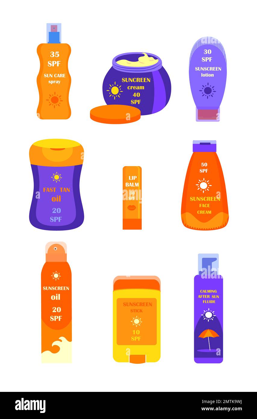 Tubes and Bottles of Sunscreen Products Sunblocks with different SPF levels Protection.Set of anti-UV Cream,Lotion,Fluide,Spray and Stick. Colored fla Stock Photo