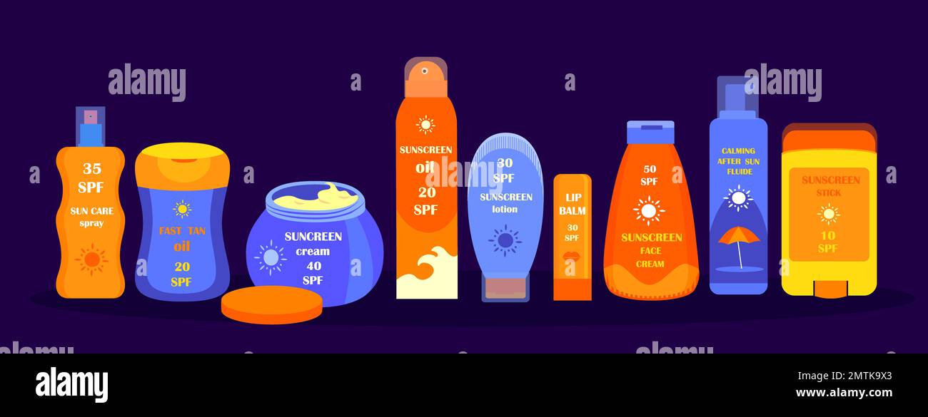 Tubes and Bottles of Sunscreen Products Sunblocks with different SPF levels Protection.Set of anti-UV Cream,Lotion, Fluide,Spray and Stick. Colored fl Stock Photo