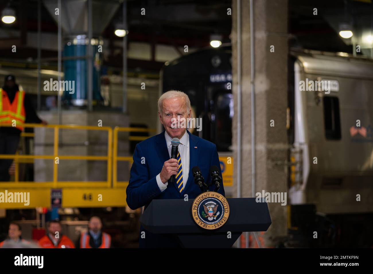 New York City, USA. 31st Jan, 2023. The President of the United States Joe Biden visits New York City on January 31, 2023 to announce funding for Gateway Hudson Tunnel project funded by bipartisan infrastructure law. (Photo by Steve Sanchez/Sipa USA) Credit: Sipa USA/Alamy Live News Stock Photo