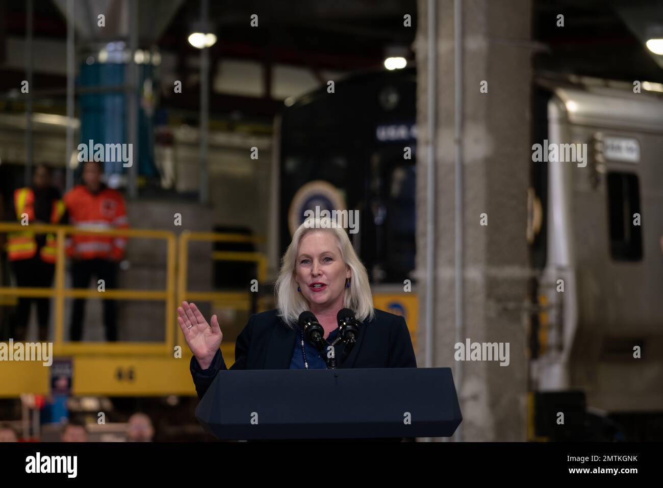 New York City, USA. 31st Jan, 2023. U.S. Senator Kirsten Gillibrand joins The President of the United States Joe Biden visits New York City on January 31, 2023 to announce funding for Gateway Hudson Tunnel project funded by bipartisan infrastructure law. (Photo by Steve Sanchez/Sipa USA) Credit: Sipa USA/Alamy Live News Stock Photo