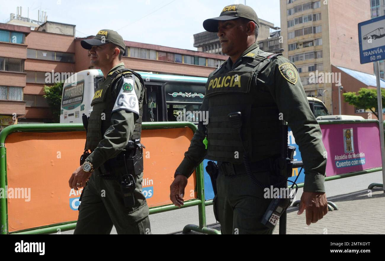 Police wearing bulletproof vests patrol in Medellin, Colombia, Friday