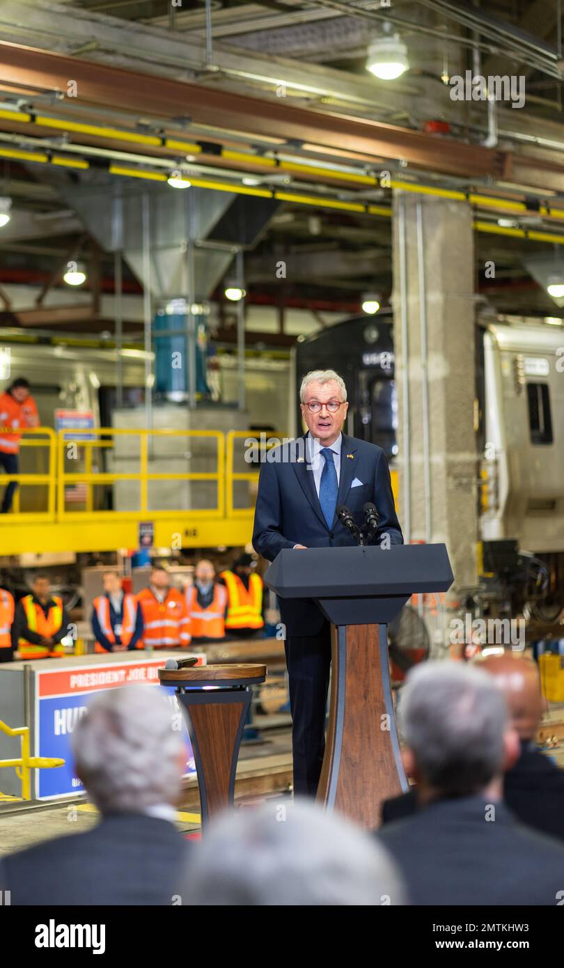 New York City, USA. 31st Jan, 2023. New Jersey Governor Phil Murphy joins The President of the United States Joe Biden visits New York City on January 31, 2023 to announce funding for Gateway Hudson Tunnel project funded by bipartisan infrastructure law. (Photo by Steve Sanchez/Sipa USA) Credit: Sipa USA/Alamy Live News Stock Photo