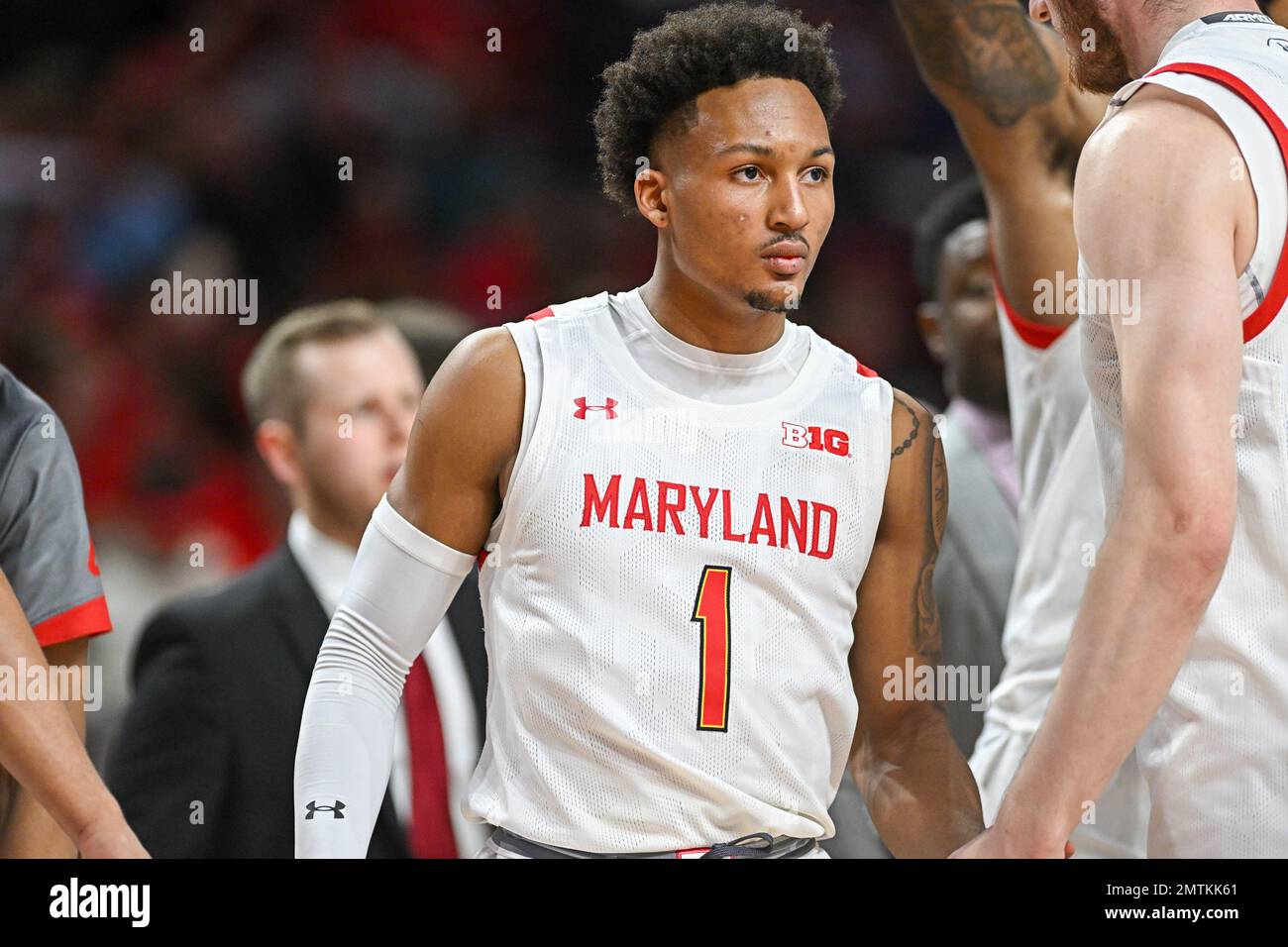 College Park, MD, USA. 31st Jan, 2023. Maryland Terrapins guard Jahmir Young (1) walks out of a team huddle during the NCAA basketball game between the Indiana Hoosiers and the Maryland Terrapins at Xfinity Center in College Park, MD. Reggie Hildred/CSM/Alamy Live News Stock Photo