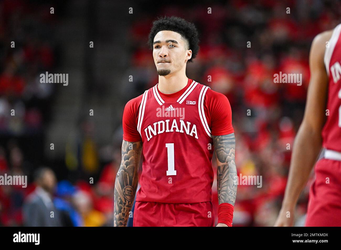College Park, MD, USA. 31st Jan, 2023. Indiana Hoosiers guard Jalen Hood-Schifino (1) looks on during a free throw during the NCAA basketball game between the Indiana Hoosiers and the Maryland Terrapins at Xfinity Center in College Park, MD. Reggie Hildred/CSM/Alamy Live News Stock Photo