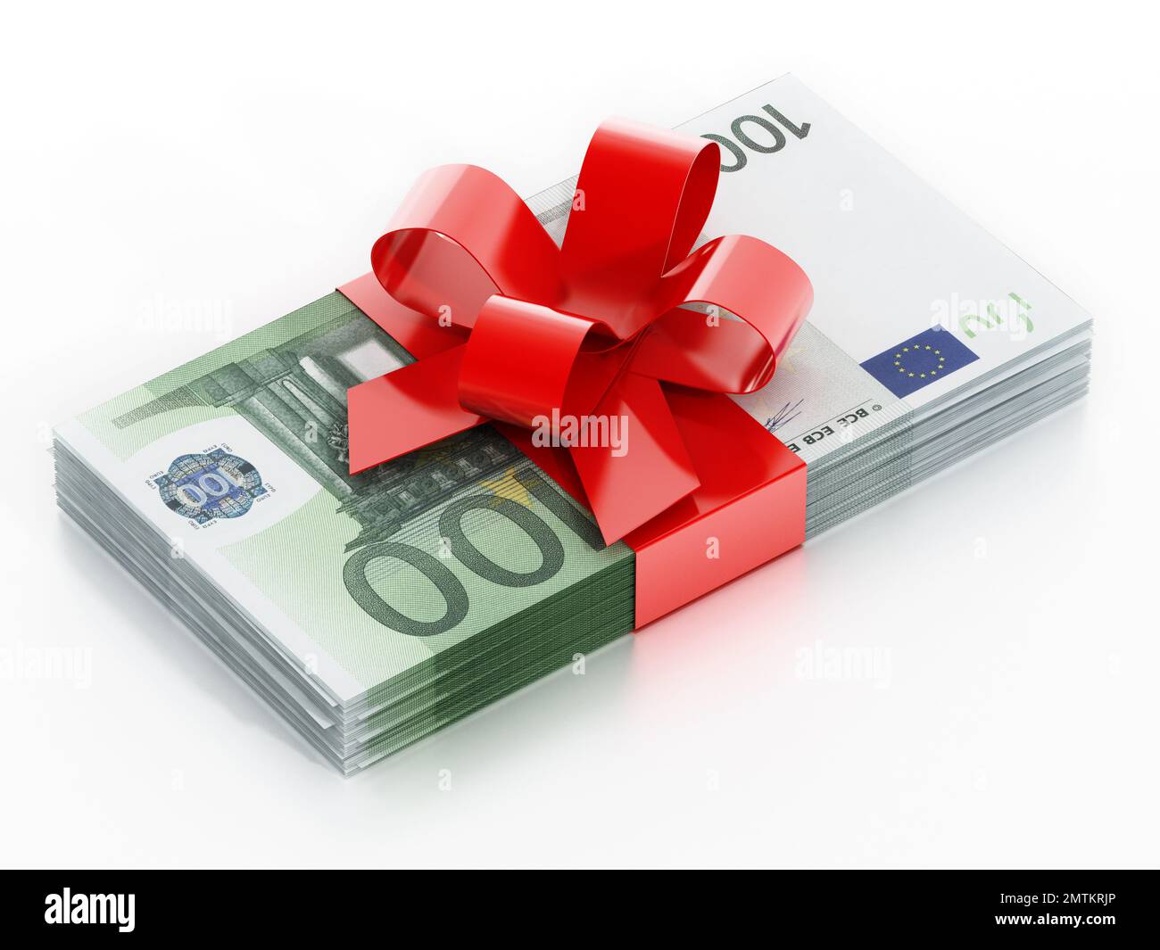 100 euro bills with red ribbon isolated on white background. 3D illustration. Stock Photo