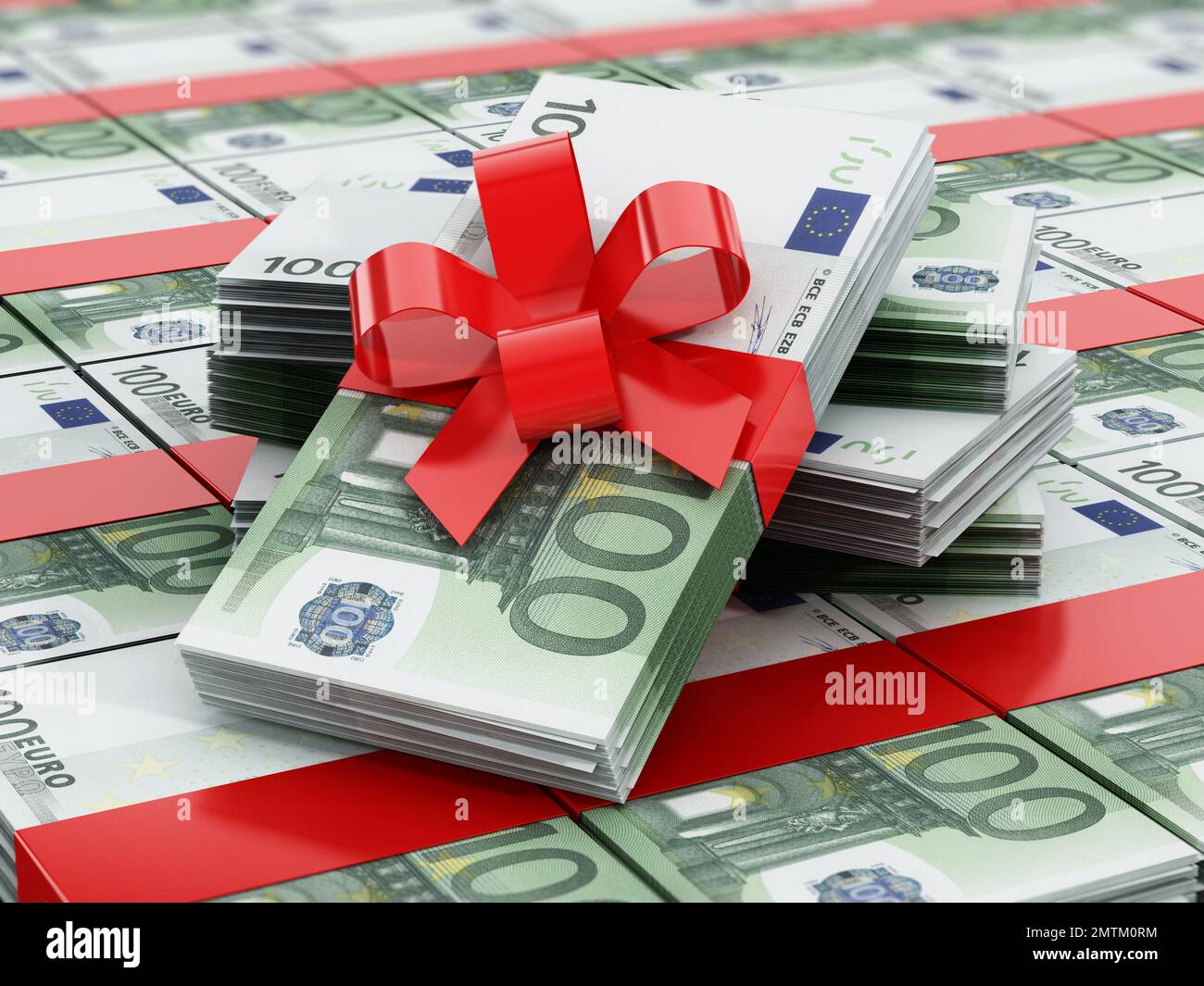 100 euro bills with red ribbon standing on money stack. 3D illustration. Stock Photo