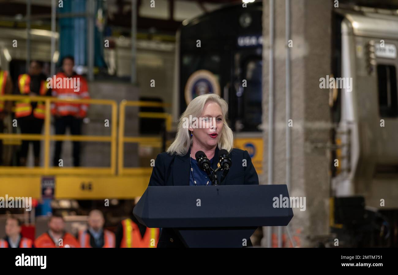 New York City, USA. 31st Jan, 2023. U.S. Senator Kirsten Gillibrand joins The President of the United States Joe Biden visits New York City on January 31, 2023 to announce funding for Gateway Hudson Tunnel project funded by bipartisan infrastructure law. (Photo by Steve Sanchez/Sipa USA) Credit: Sipa USA/Alamy Live News Stock Photo