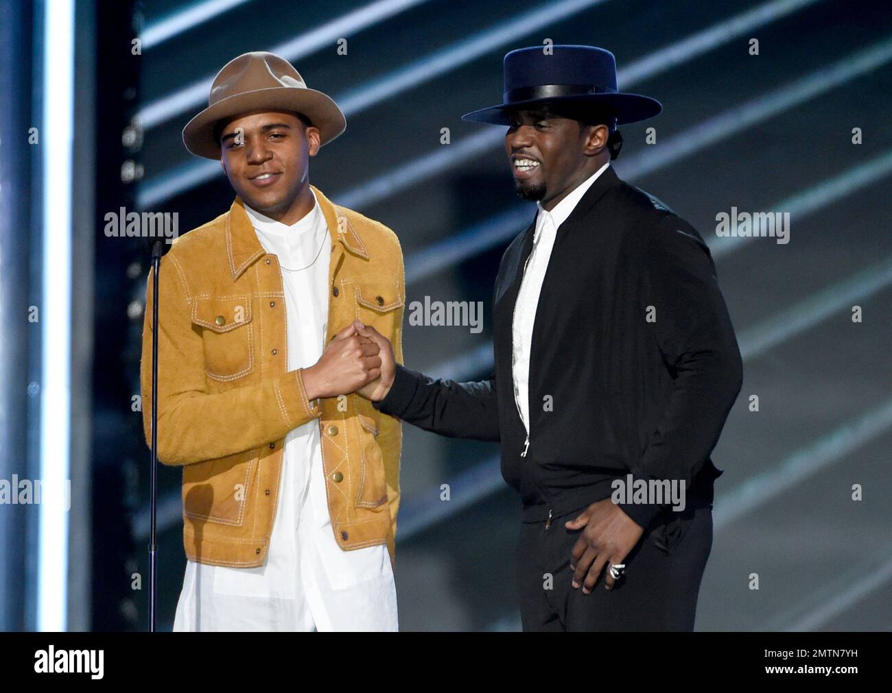 Christopher Jordan Wallace, son of Notorious B.I.G., left, and Sean "Diddy"  Combs present a tribute to Notorious B.I.G. at the Billboard Music Awards  at the T-Mobile Arena on Sunday, May 21, 2017,