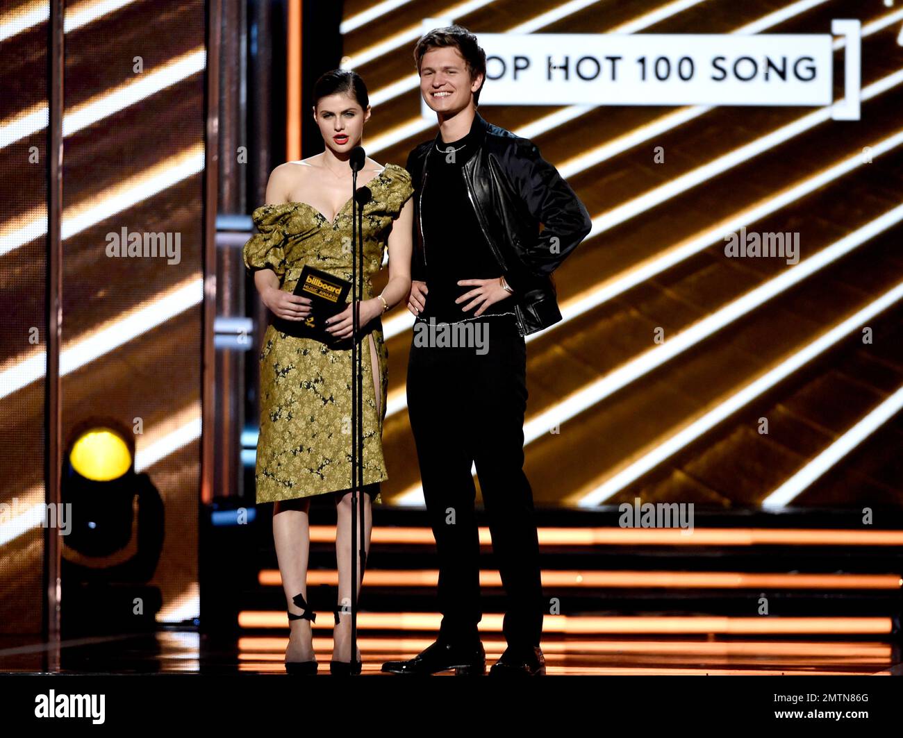 Alexandra Daddario and Ansel Elgort present the award for top hot 100 song  at the Billboard Music Awards at the T-Mobile Arena on Sunday, May 21,  2017, in Las Vegas. (Photo by