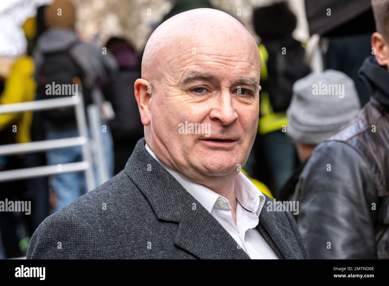 London, UK. 1st Feb, 2023. Striking teachers and civil servants march in central London Mick
