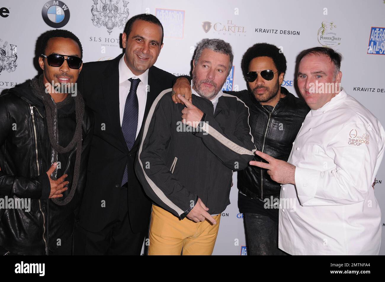 (L-R) Dallas Austin, Sam Nazarian, Philippe Starck, Lenny Kravitz and Jose Andres arrive at Grand Opening of SLS Hotel South Beach in Miami, FL. 8th November 2012. Stock Photo