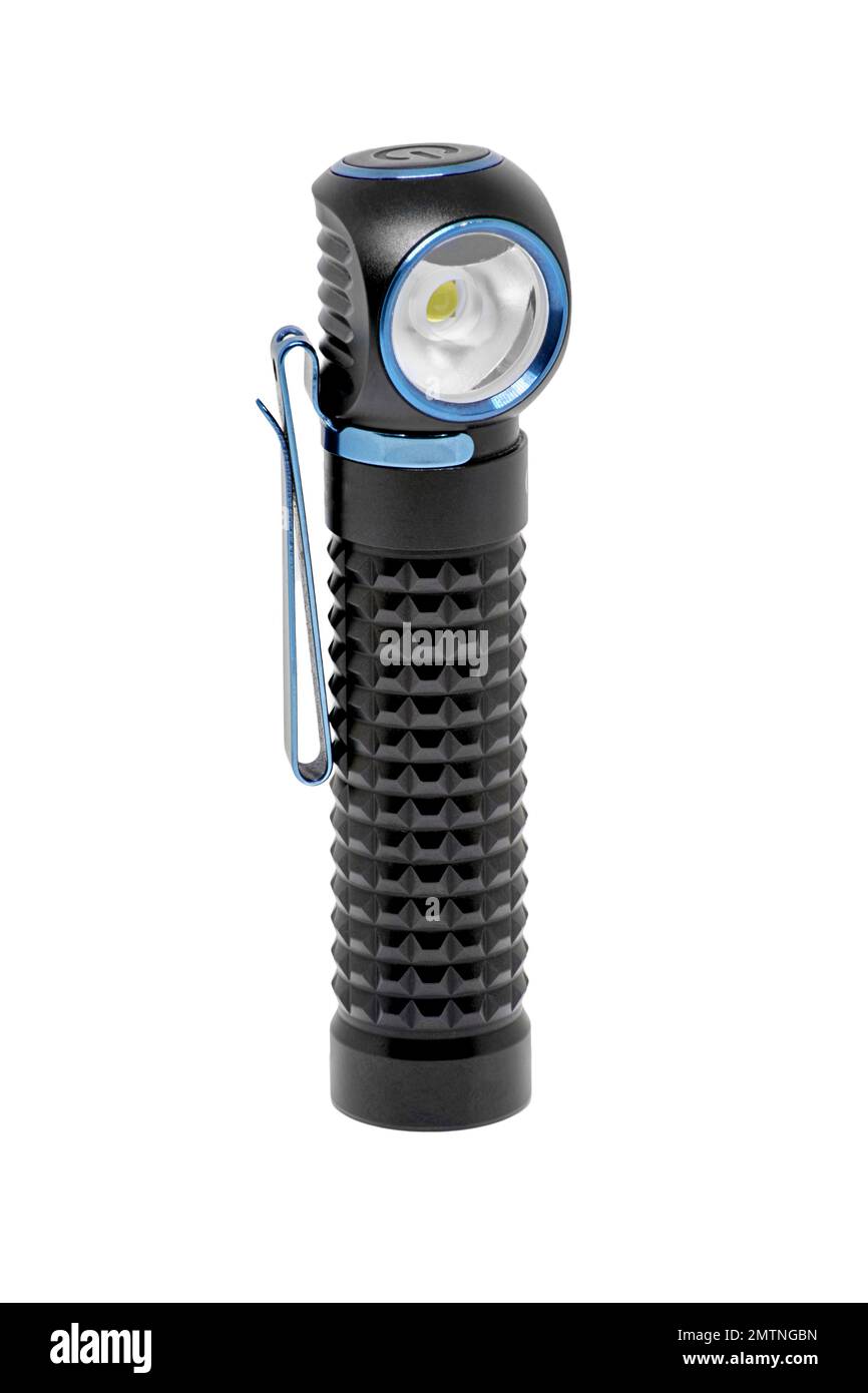 Image of a black metal pocket flashlight with a clip on a white