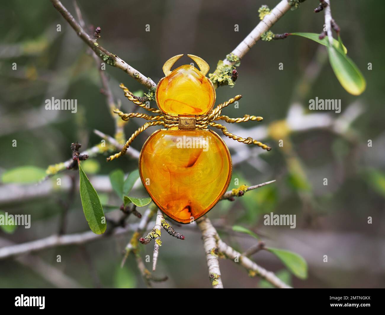 Vintage amber brooch in the shape of a bug on a branch. Made in the USSR. Stock Photo