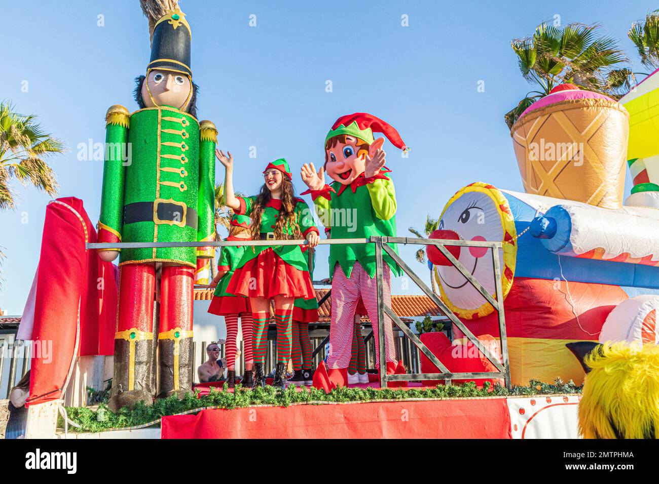 One of the floats in the traditional Spanish Three Kings Parade (Cabalgata de los Reyes Magos) on 5th January at Caleta de Fuste, Fuerteventura. Stock Photo
