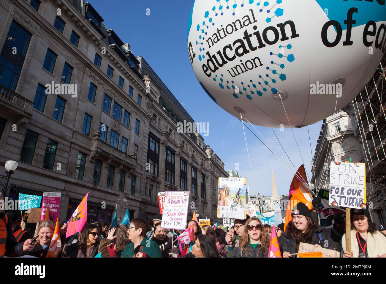 London, UK, 2 February 2023: Central London was brought to a standstill as over 30,000 teachers, university staff, FE tutors and allies from other unions marched from Portland Place to Whitehall. Many schools are shut to most pupils today and tomorrow as industrial action takes place in a protest about pay, pensions and working conditions. Anna Watson/Alamy Live News Stock Photo