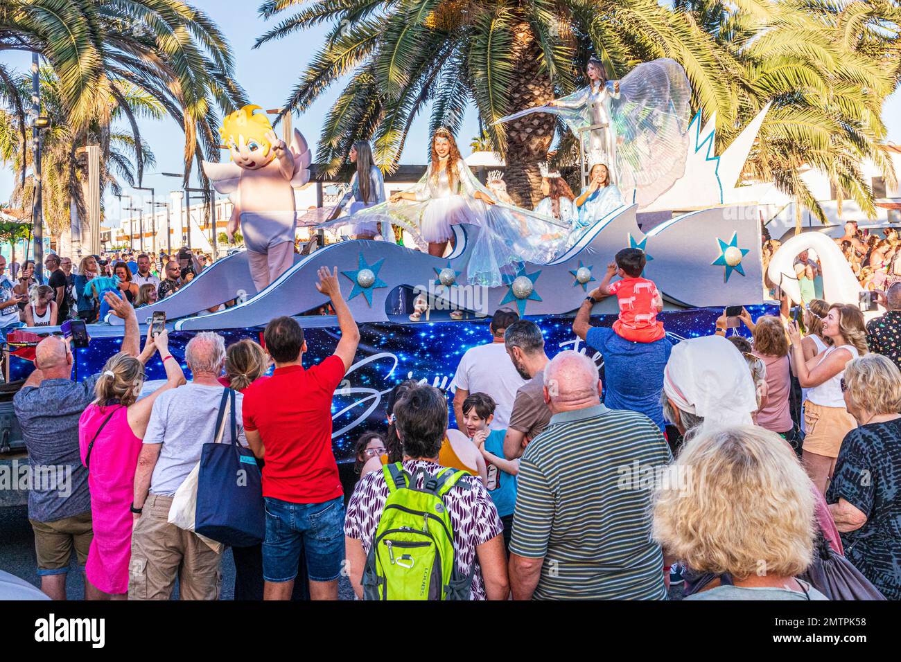 One of the floats in the traditional Spanish Three Kings Parade (Cabalgata de los Reyes Magos) on 5th January at Caleta de Fuste, Fuerteventura Stock Photo