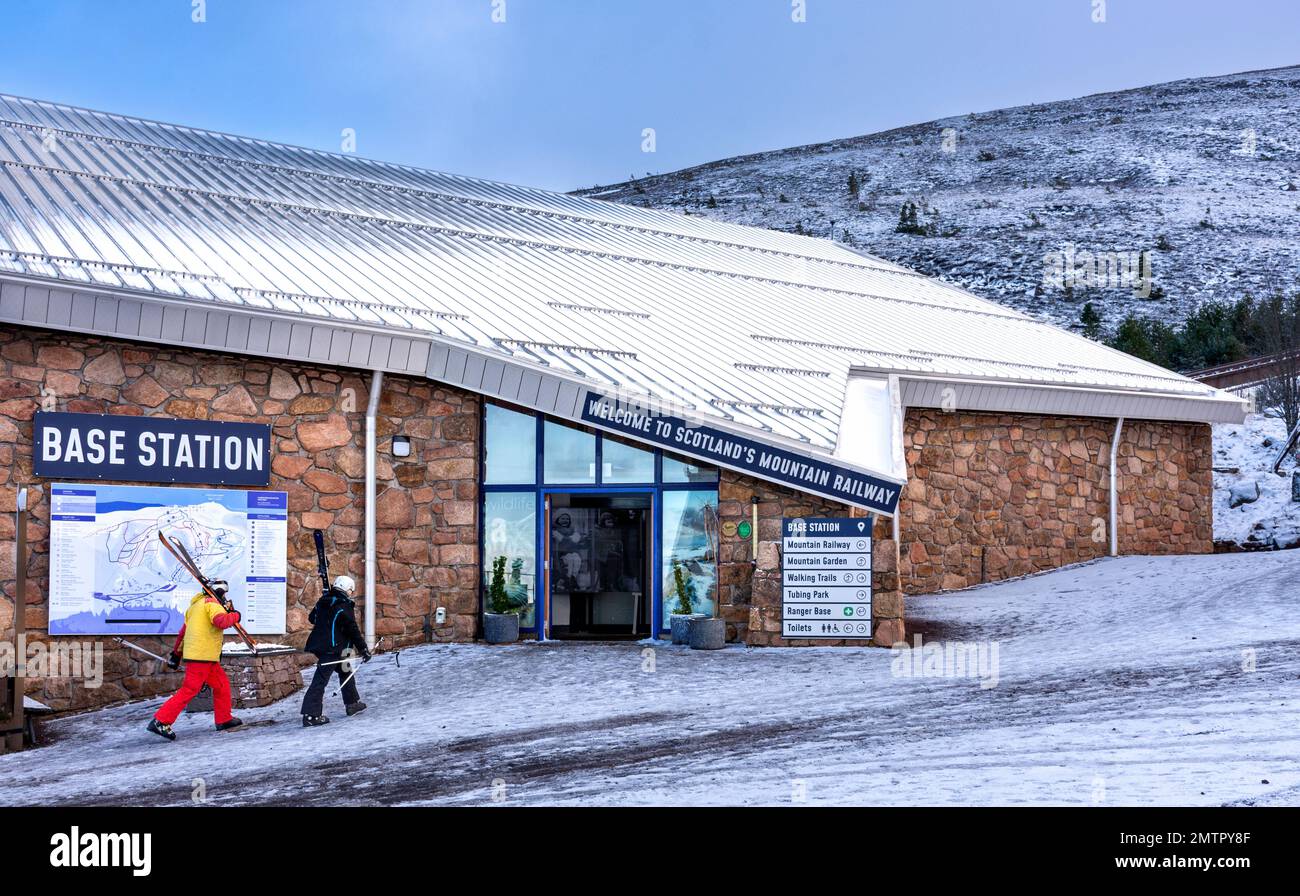 Cairngorm Mountain Aviemore Base Station building and the entrance to the Mountain Railway trains Stock Photo