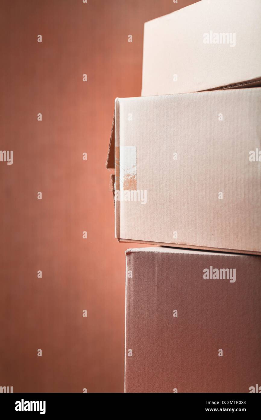 cardboard boxes used, open and unpack shipments Stock Photo Alamy