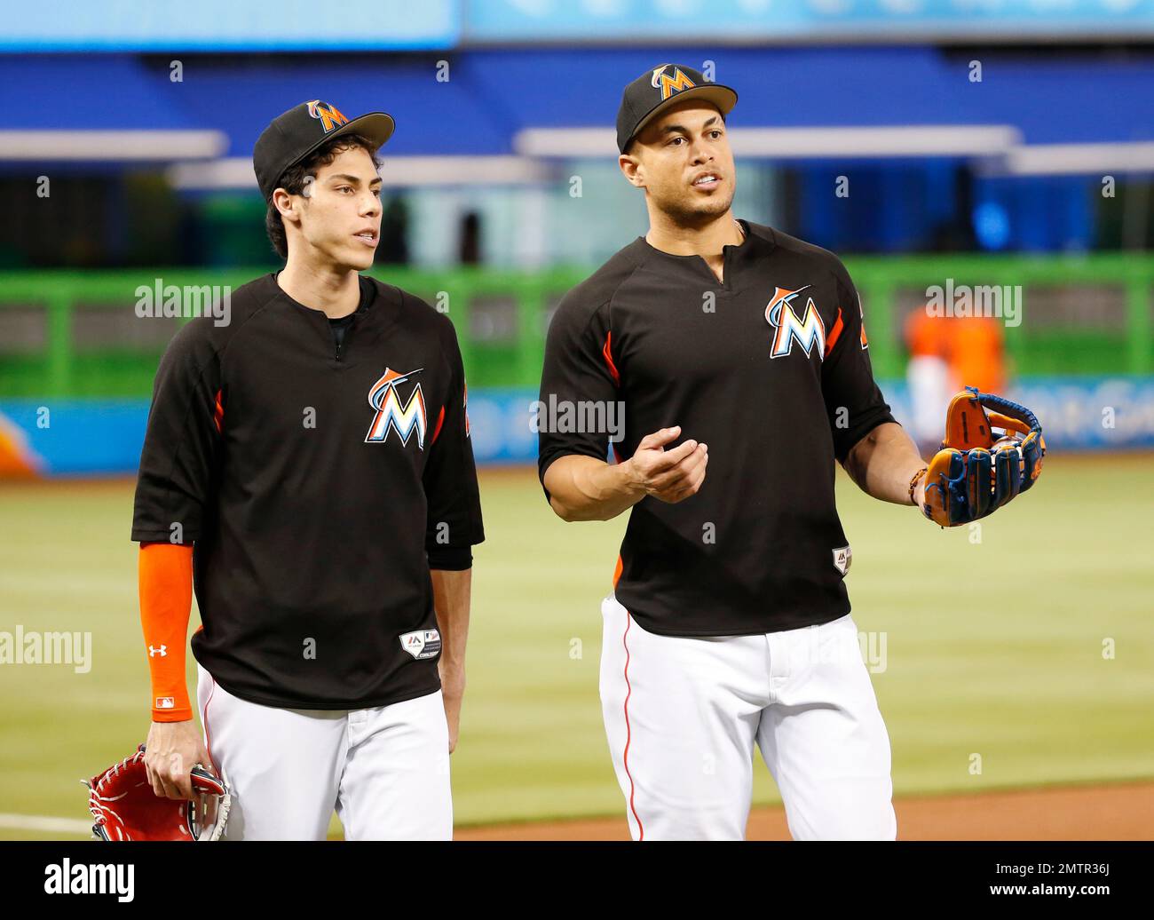 Miami Marlins' Christian Yelich, left, poses for a photograph with Saturday  Night Live comedian Pete Davidson before a baseball game between the  Marlins and the New York Mets, Tuesday, Sept. 15, 2015