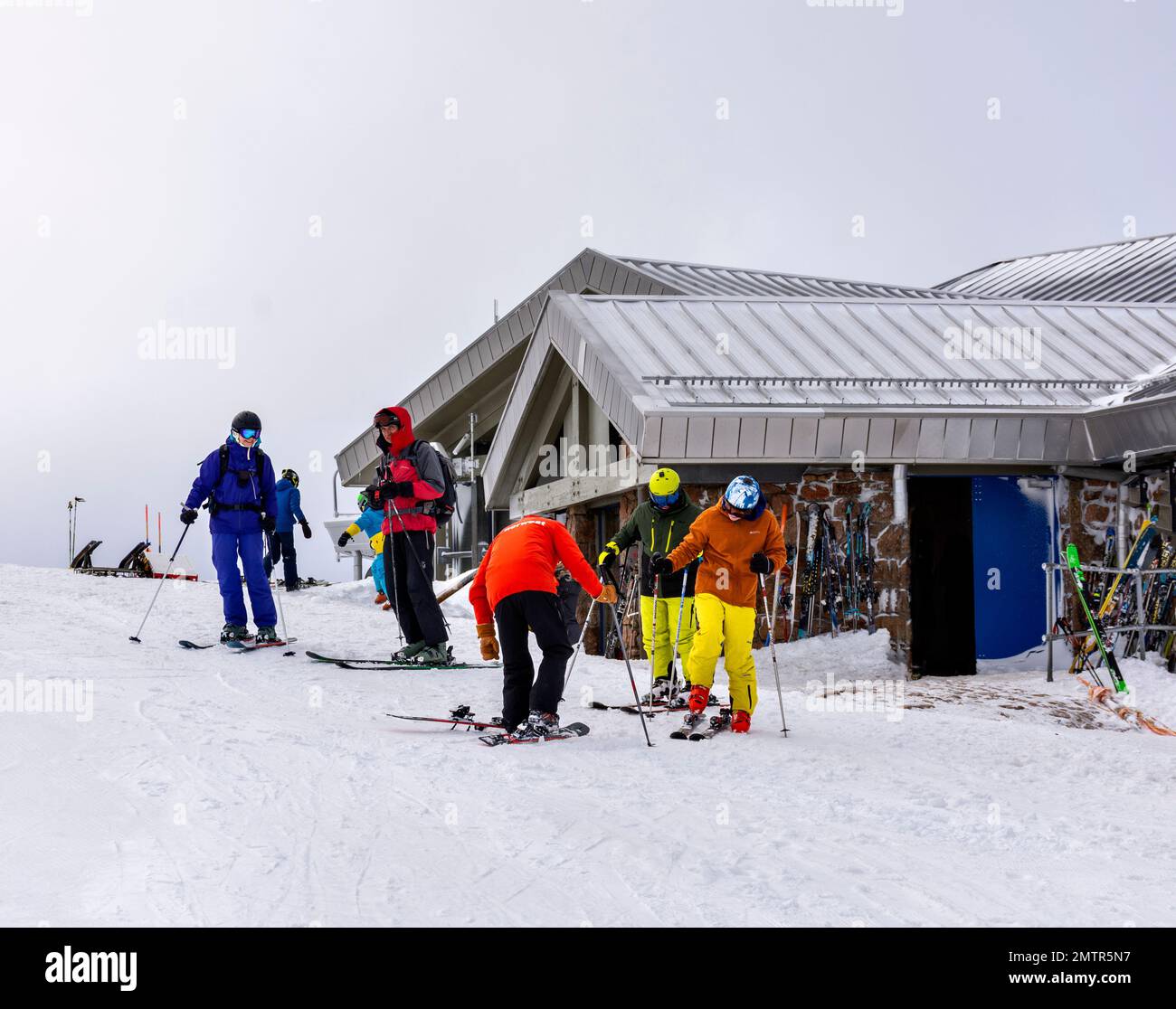 Cairngorm Mountain Aviemore Top Station Ski Pistes skiers preparing