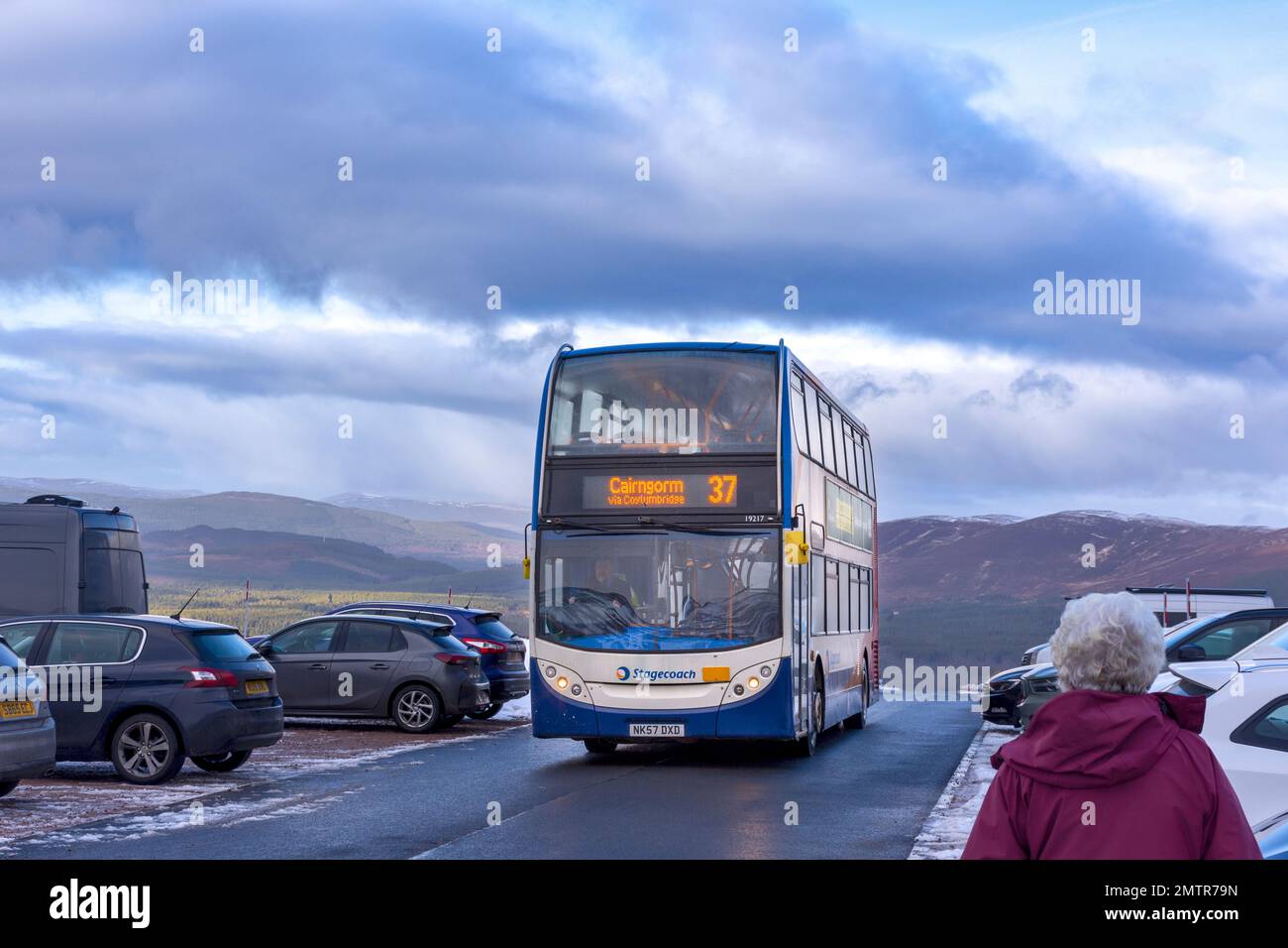 Cairngorm Mountain Funicular Railway Aviemore Scotland the Stagecoach 37 Double decker Bus arriving at the mountain top Stock Photo