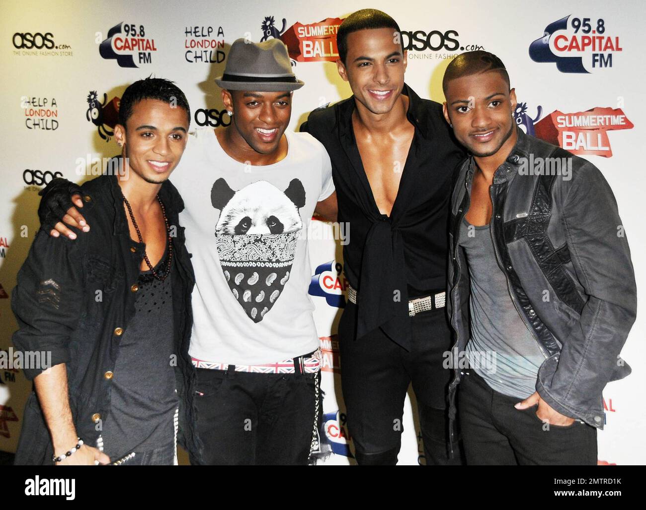 Aston Merrygold, Marvin Humes, Jonathan 'JB' Gill and Oritse Williams of the British boyband JLS (Jack the Lad Swing) arrive at Summertime Ball 2010, presented by 95.8 Capital FM radio, held at Wembley Stadium.  The 2010 Ball marks the second year 95.8 Capital FM radio has hosted the pop concert of which a portion of ticket sales profit is donated to the 95.8 Capital FM charity 'Help a London Child'.  London, UK. 06/06/10. Stock Photo