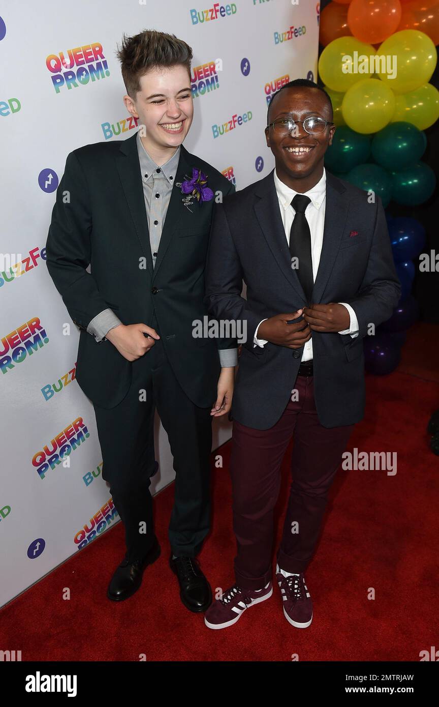 Otter Jung- Allen, left, and Lee Mokobe attend BuzzFeed's Inaugural Queer  Prom at Siren Studios on Saturday, May 13, 2017 in Los Angeles. The event  honored every student's right to experience prom.