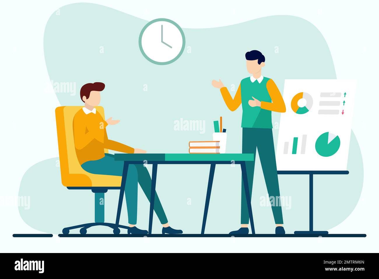 Business meeting. Vector illustration in flat design style. Man and woman sitting at the table, discussing business strategy. Stock Vector