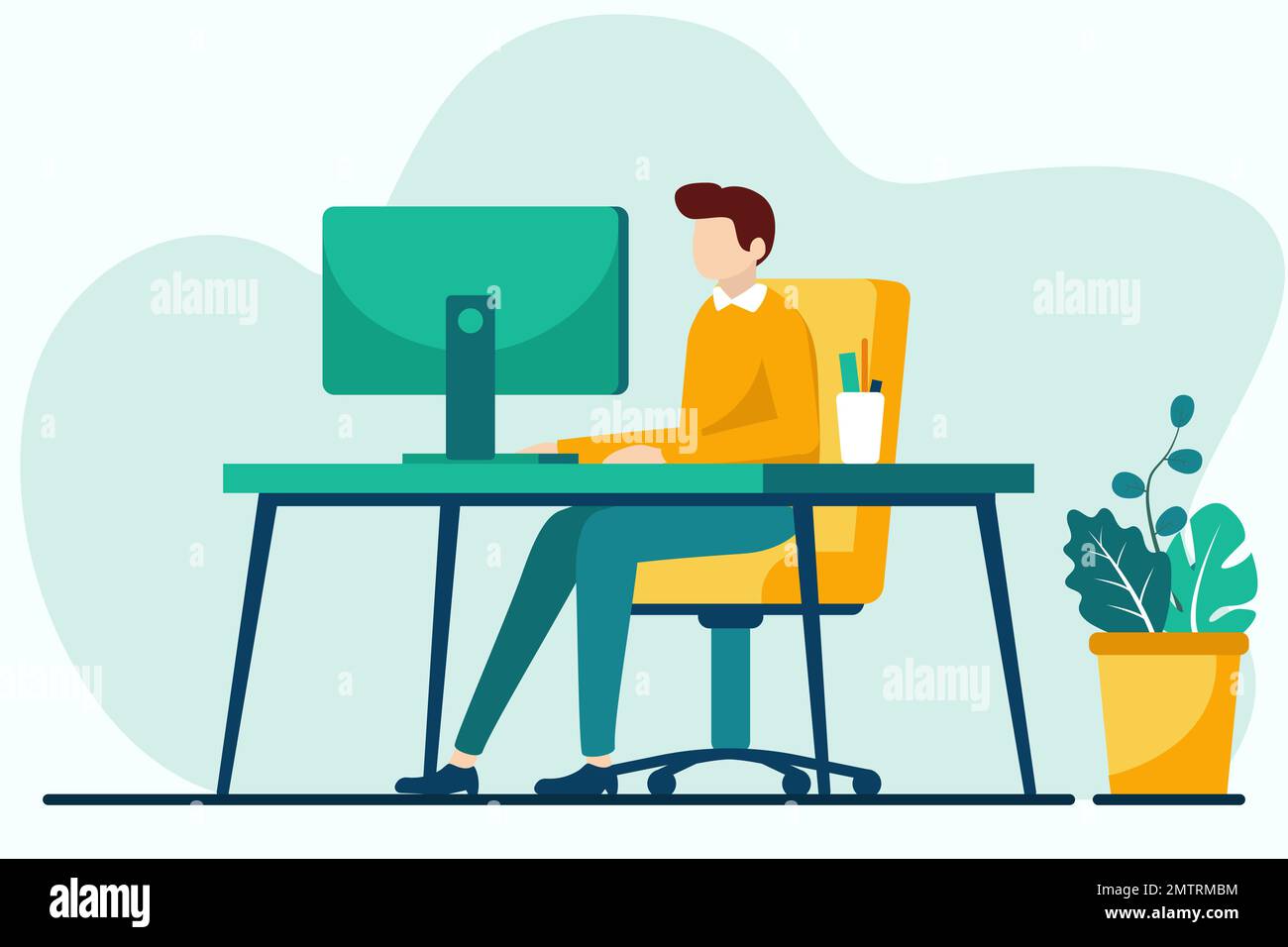 Young man working on computer at home. Vector illustration in flat style Stock Vector