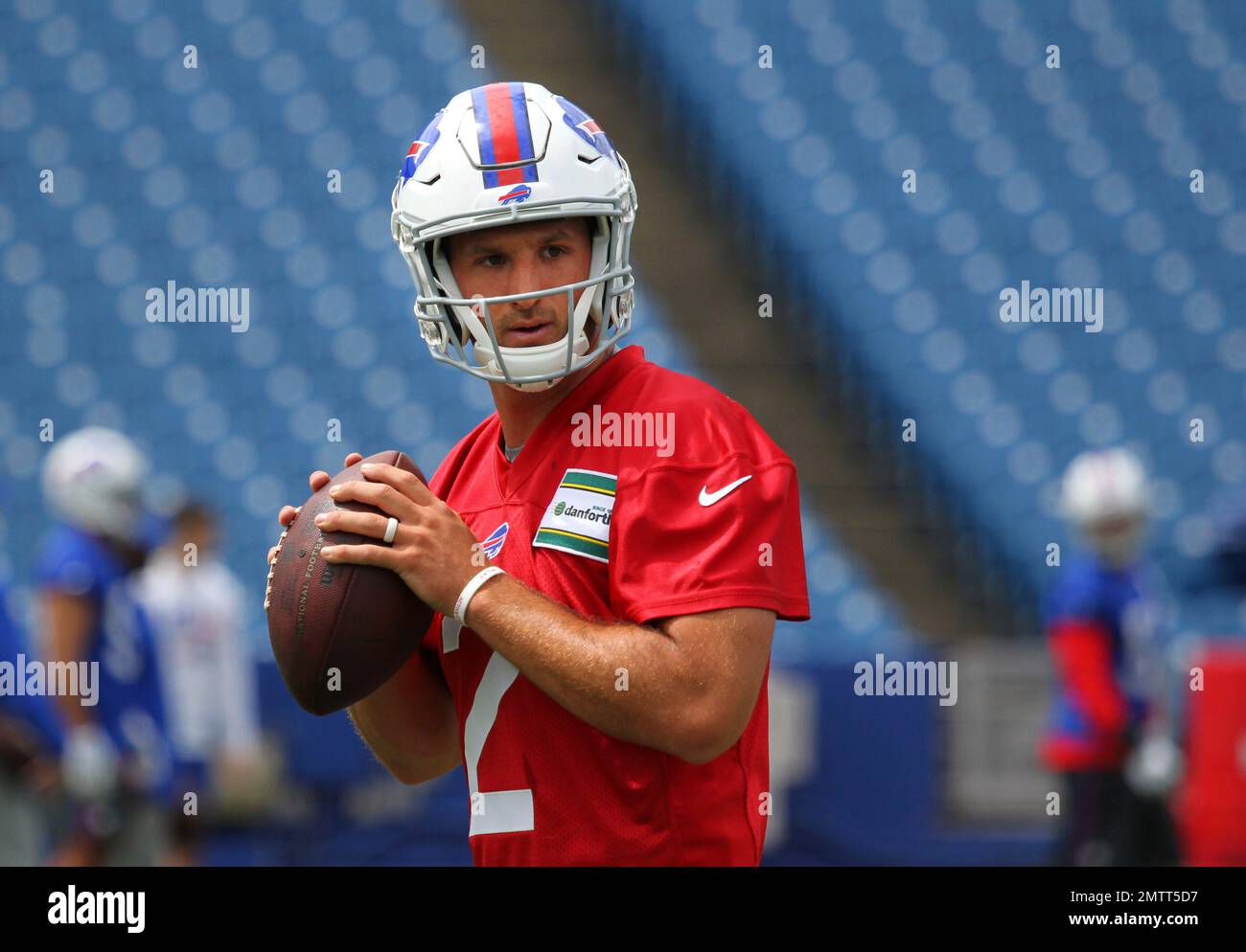 Buffalo Bills rookie quarterback Nathan Peterman (2) drops back to throw a  pass during the teams NFL football rookie minicamp, Friday, May 12, 2017,  in Orchard Park, N.Y. (AP Photo/Jeffrey T. Barnes