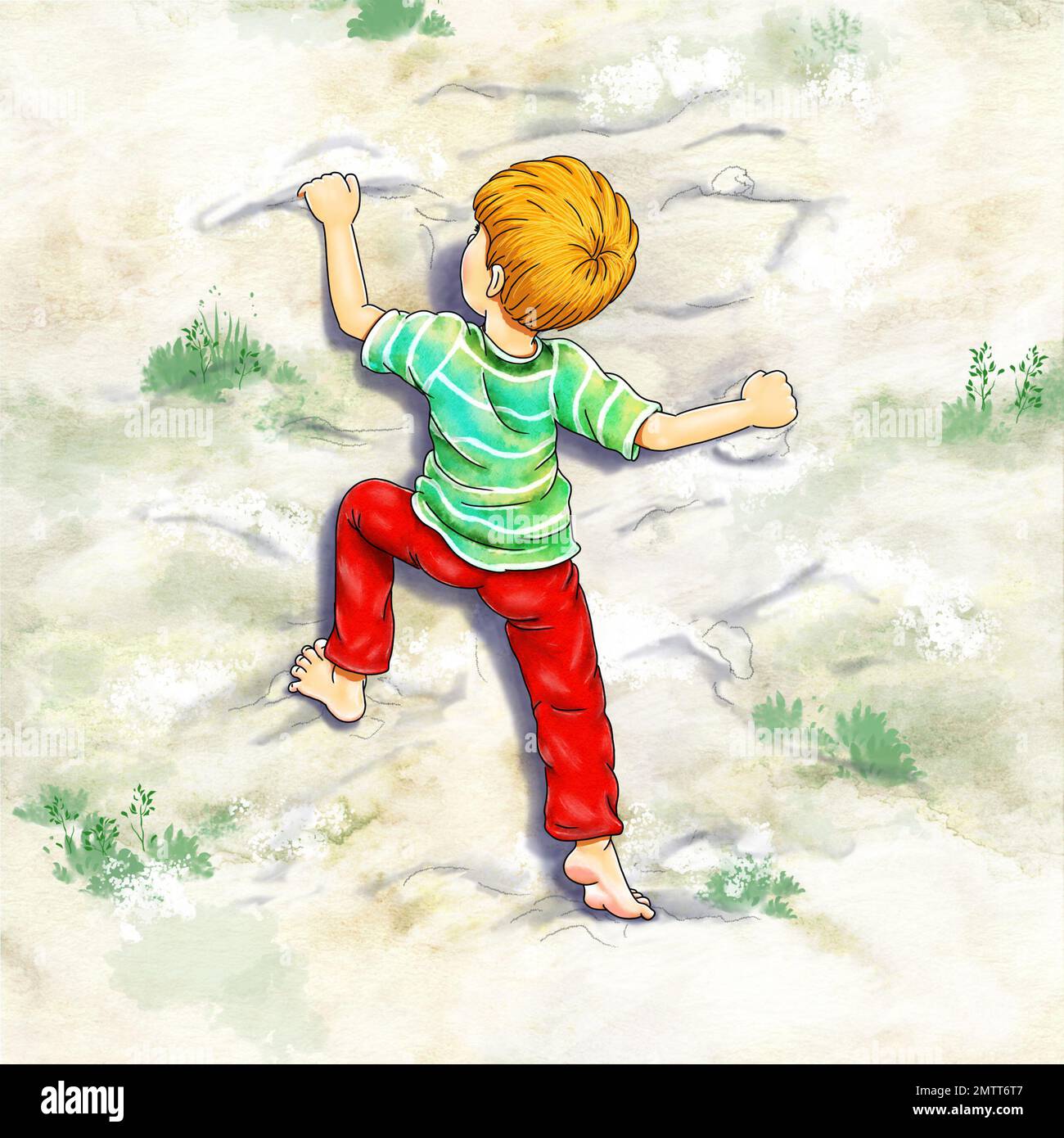 A boy climbing up something barefoot. Holding on with his hands and feet, he looks up for the next step. Climbers try dangerously, strong play Stock Photo