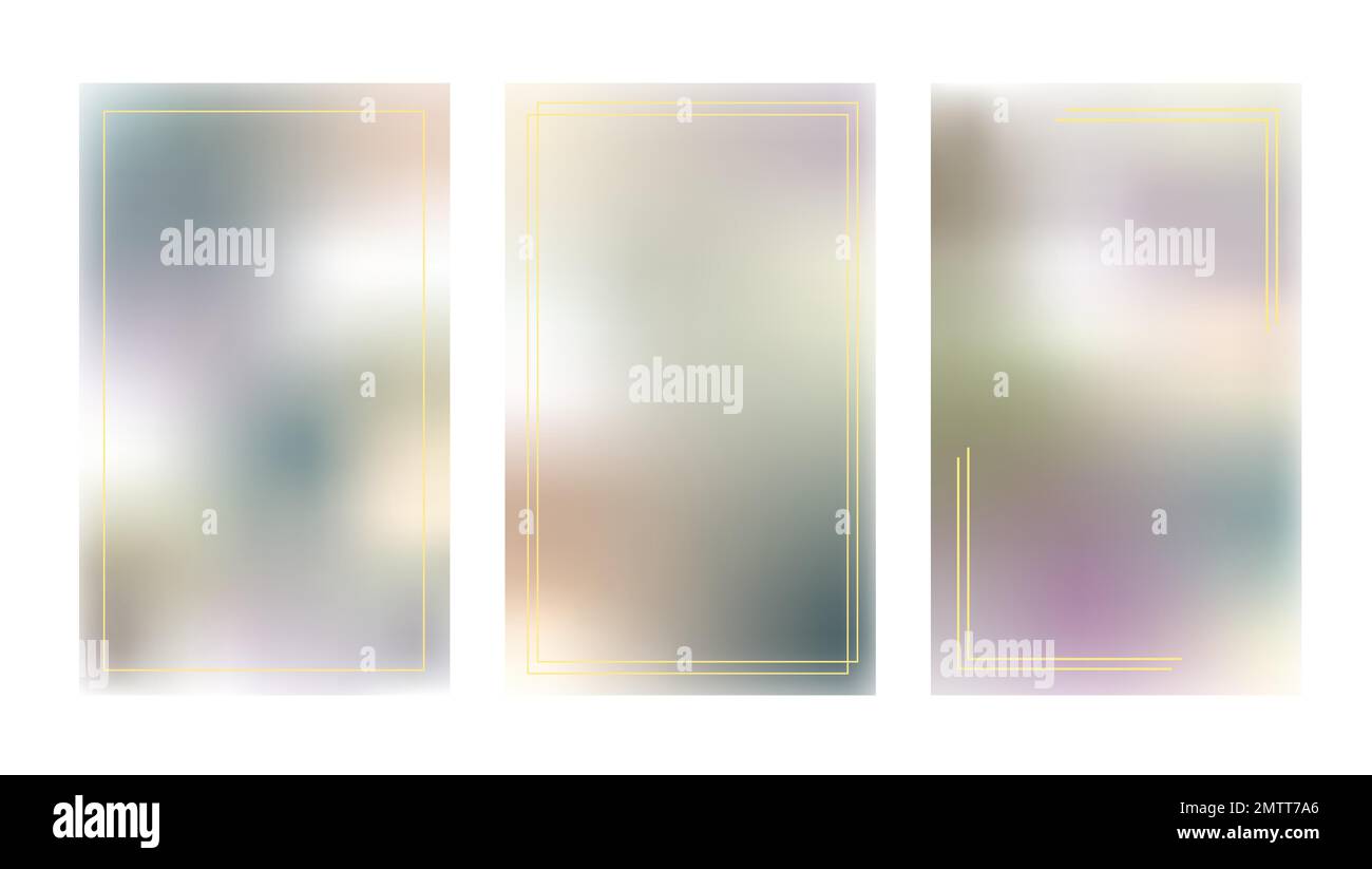 Y2k abstract holographic gradient background templates set with warm geen grey colored vector illustration, simple blurry textured layout, minimalist Stock Vector