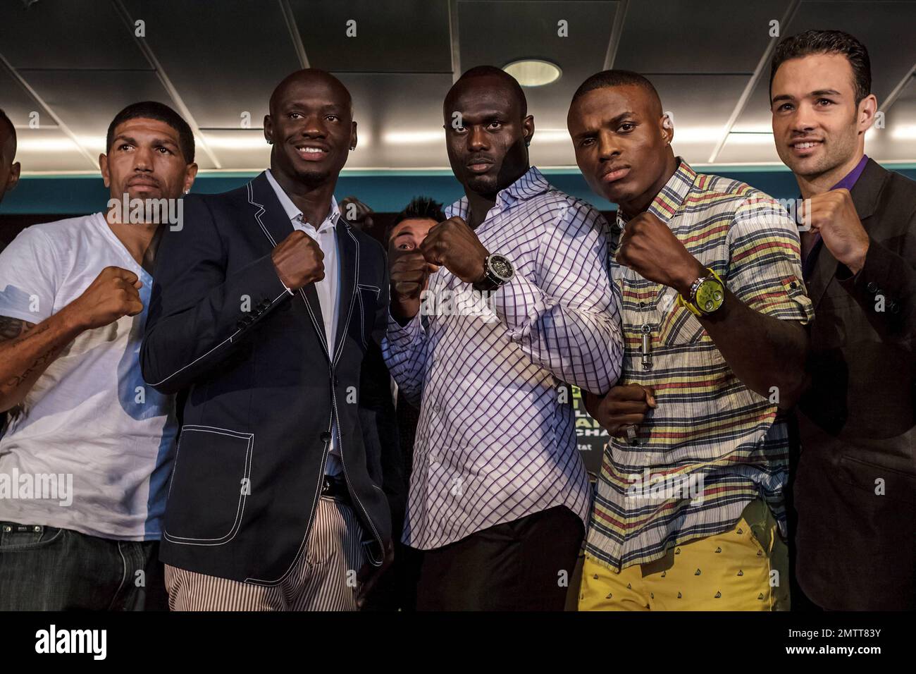 Boxer Ronald 'Winky' Wright (FL), Former light heavyweaight kingpin and ShowTime ringside boxing analyst Antonio 'Magic Man' Tarver (L), unbeaten power puncher Lateef 'Power' Kayode (C), Boxer Peter 'Kid Chocolate' Quillin (R) and Boxer DvinRodriguez (FR) at the Home Depot Center Press Conference. Carson, CA. 31st May 2012. Stock Photo